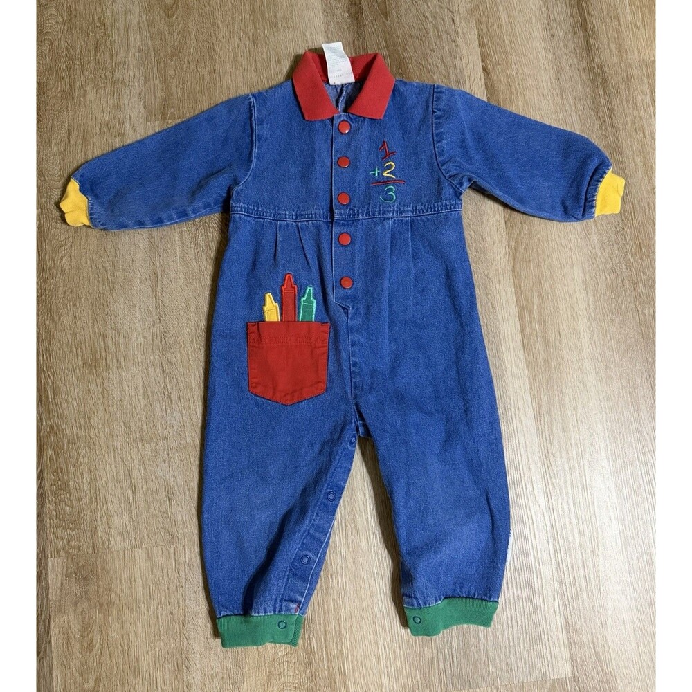 Vintage 90s Healthtex Crayons Math Romper Long Sleeve Red Yellow Blue Denim 24m